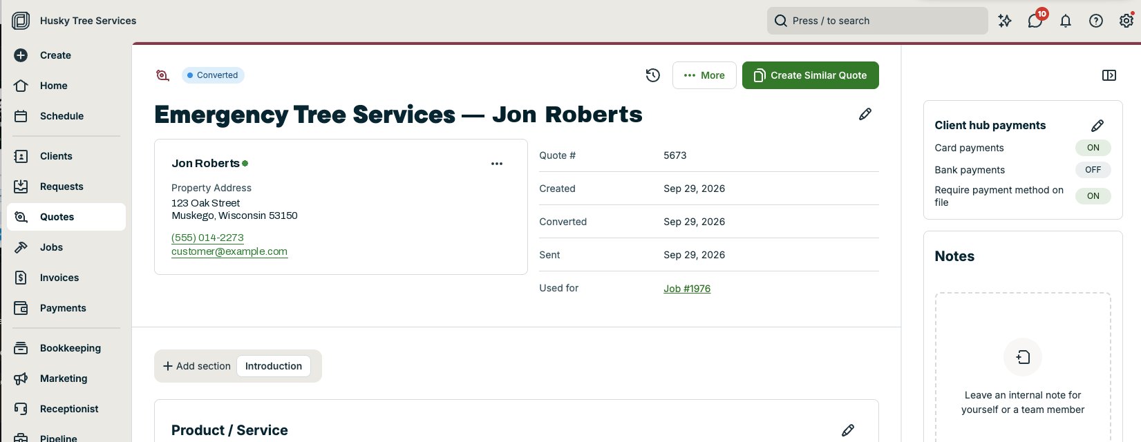 The signed StormOps contract as a converted quote in Jobber, linked to a new job