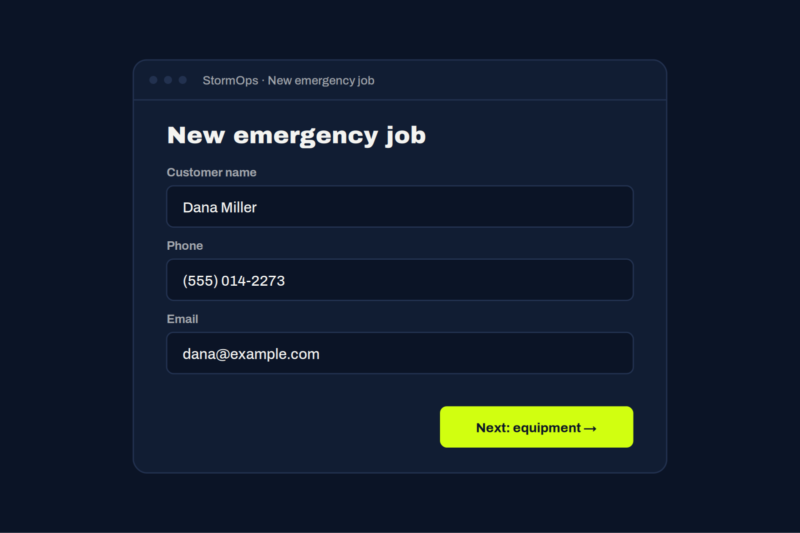 The StormOps new emergency job screen with the customer's name, phone, and email filled in