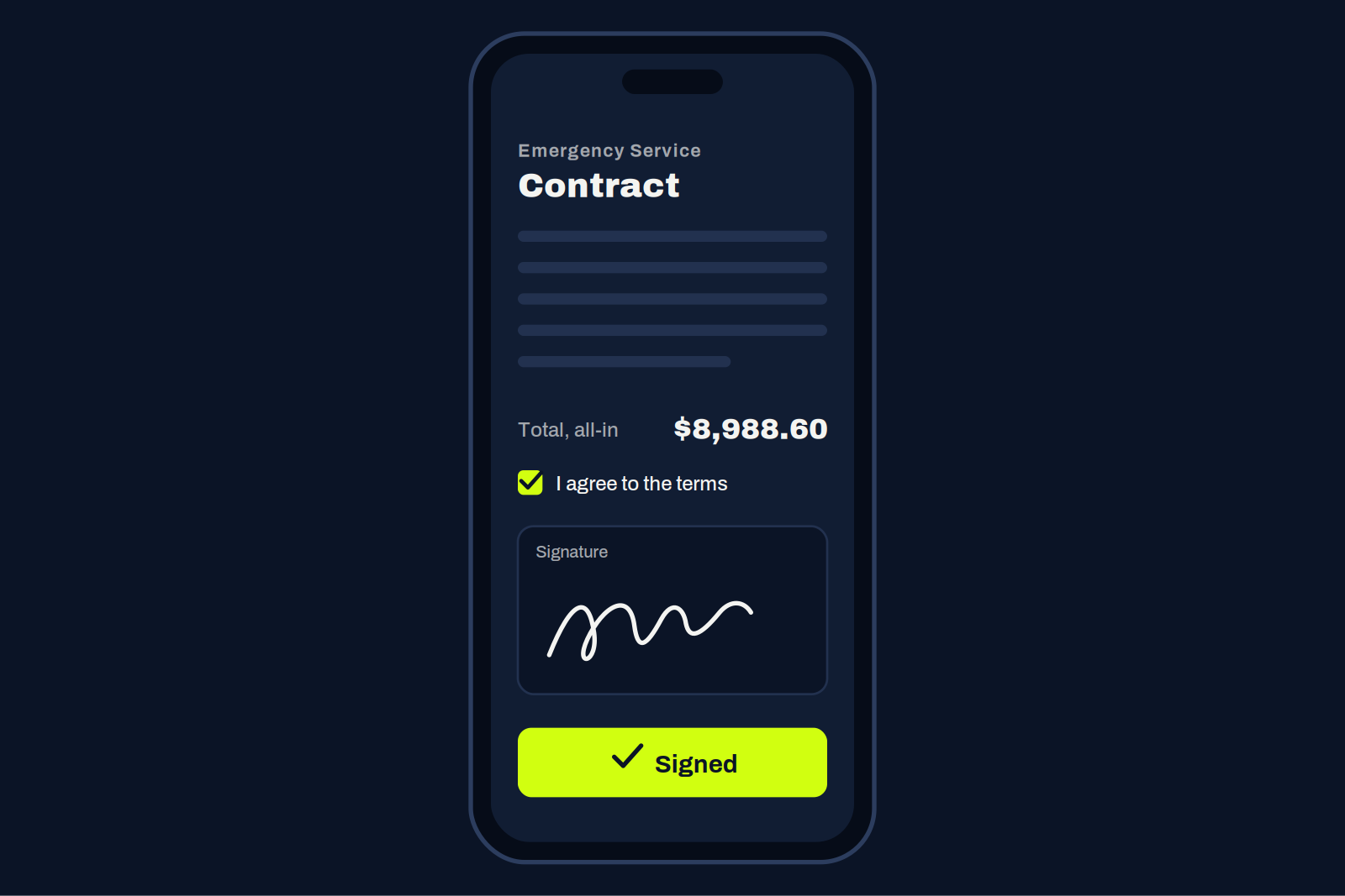A customer signing the emergency service contract on a phone