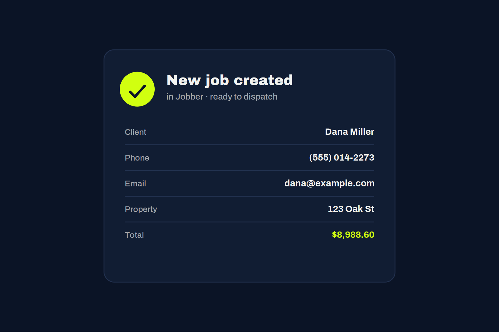 A new job created in Jobber, marked signed and ready to dispatch
